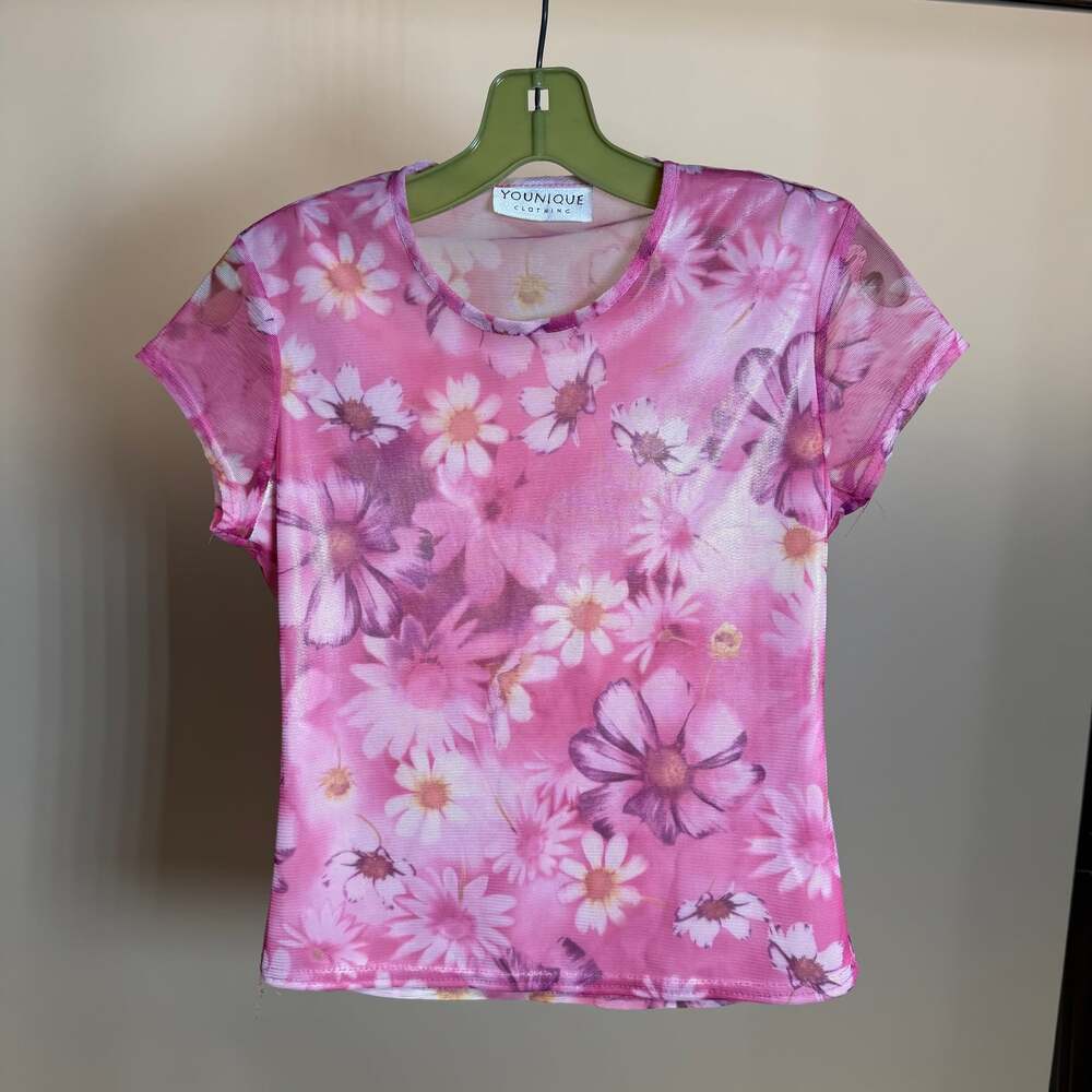 Vintage Y2K YOUNIQUE  Floral Mesh Baby Tee